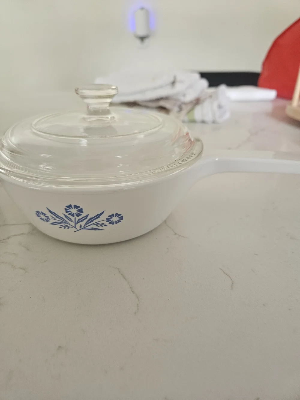 Corningware White Saucepan with Blue Floral Pattern and Glass Lid